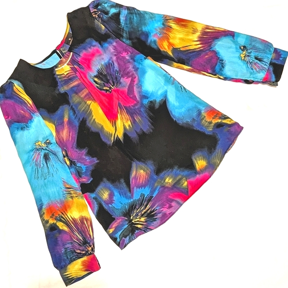 Worthington Multi-colored Pullover Long Sleeve Dressy Blouse goldtone trim Sz Sm
